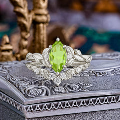 Nature-Inspired 6 Prong Marquise Peridot Engagement Ring Set with Vine Motif