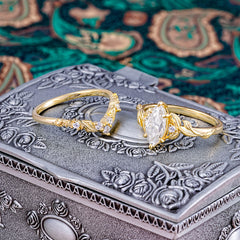 Nature-Inspired Marquise Moissanite Engagement Ring Set with Vine Motif