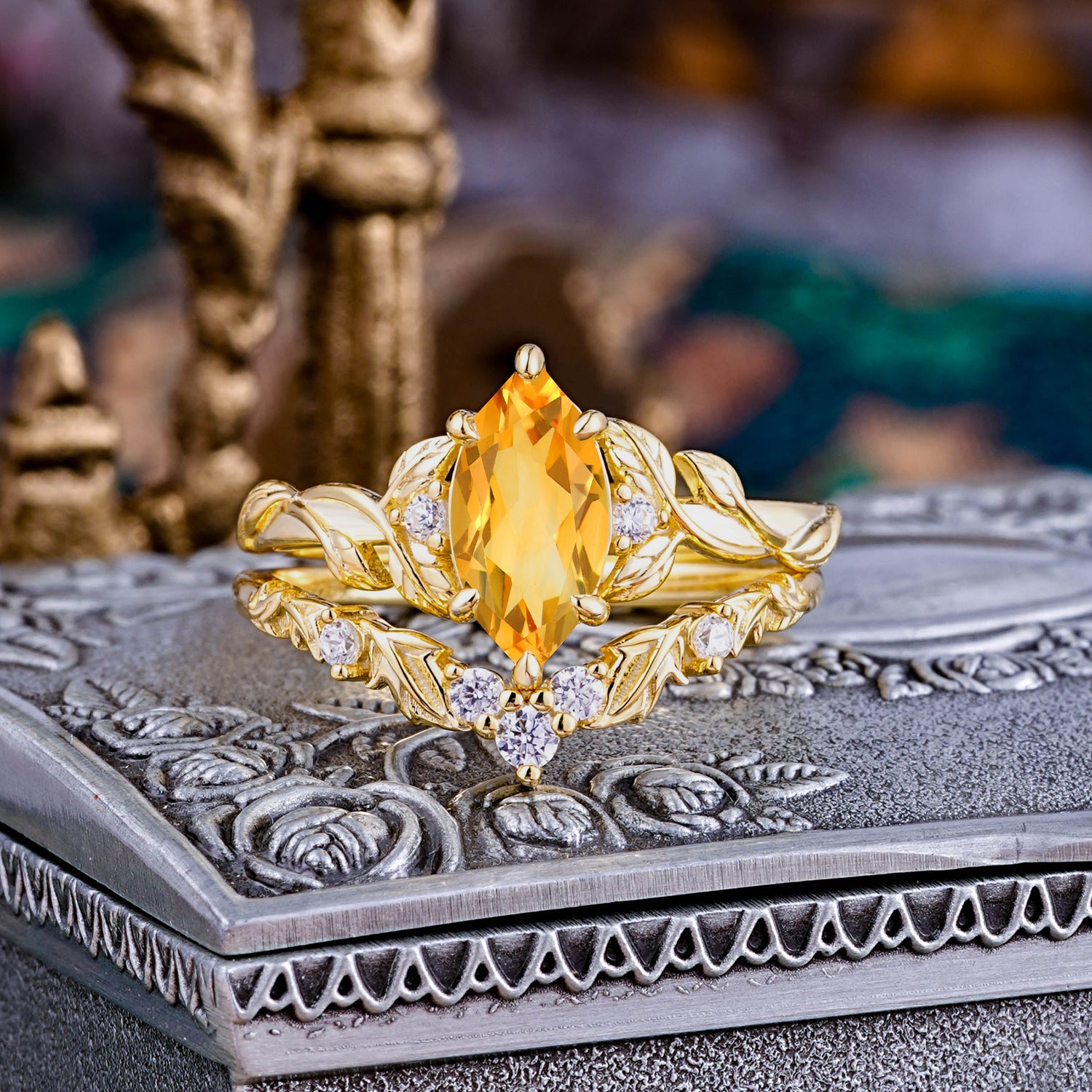 Nature-Inspired 6 Prong Marquise Citrine Bridal Ring Set with Vine Motif