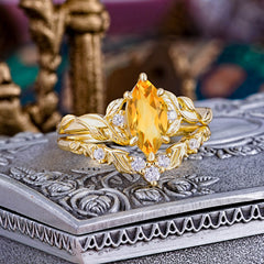 Nature-Inspired 6 Prong Marquise Citrine Engagement Ring Set with Vine Motif