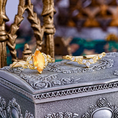 Nature-Inspired 6 Prong Marquise Citrine Engagement Ring Set with Vine Motif