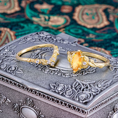 Nature-Inspired 6 Prong Marquise Citrine Engagement Ring Set with Vine Motif