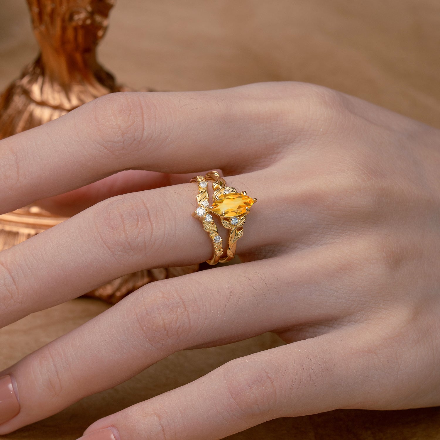 Nature-Inspired 6 Prong Marquise Citrine Bridal Ring Set with Vine Motif