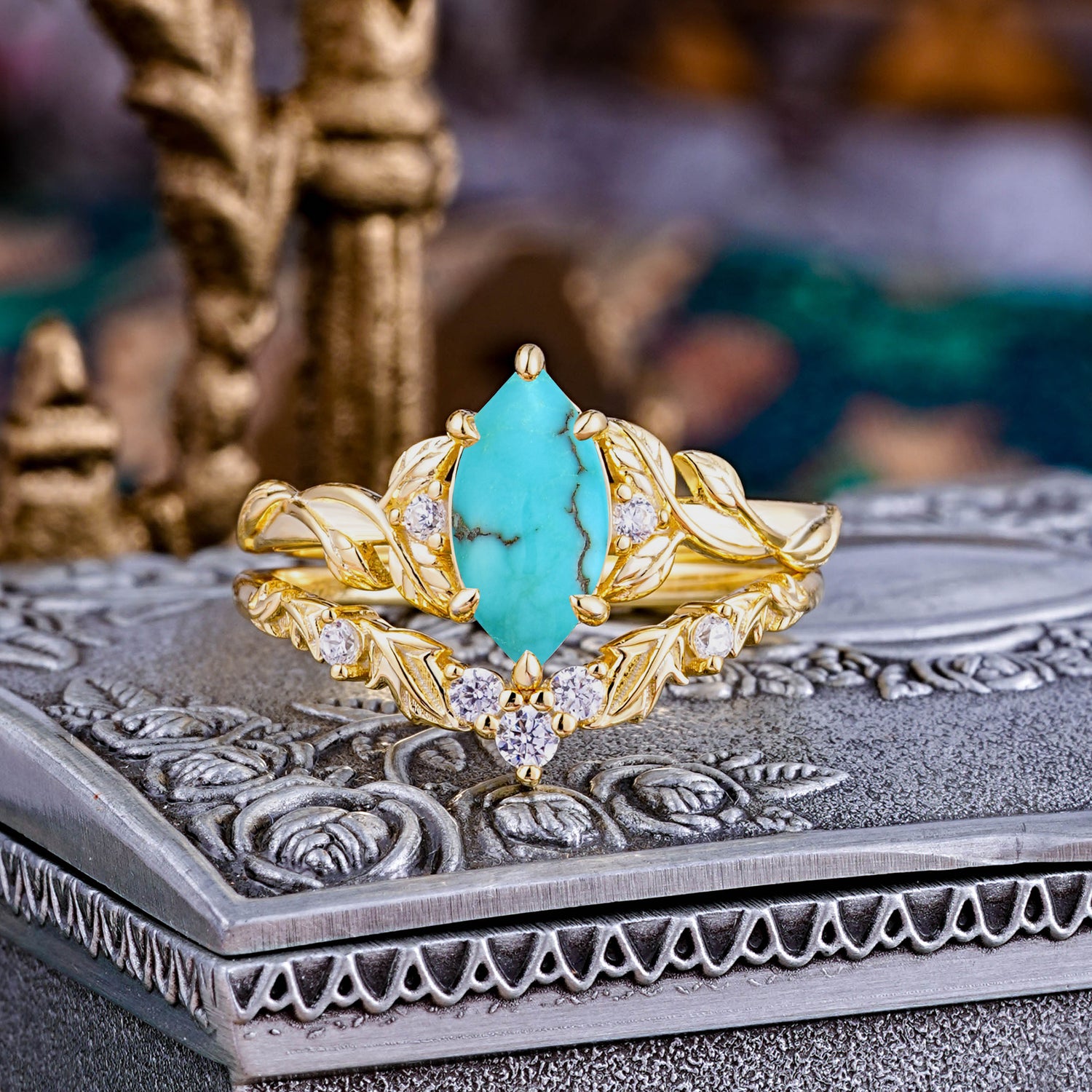 Nature-Inspired 6 Prong Marquise Turquoise Bridal Ring Set with Vine Motif