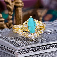 Nature-Inspired 6 Prong Marquise Turquoise Engagement Ring Set with Vine Motif