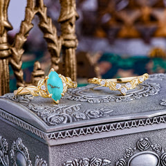 Nature-Inspired 6 Prong Marquise Turquoise Engagement Ring Set with Vine Motif