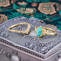 Nature-Inspired 6 Prong Marquise Turquoise Engagement Ring Set with Vine Motif