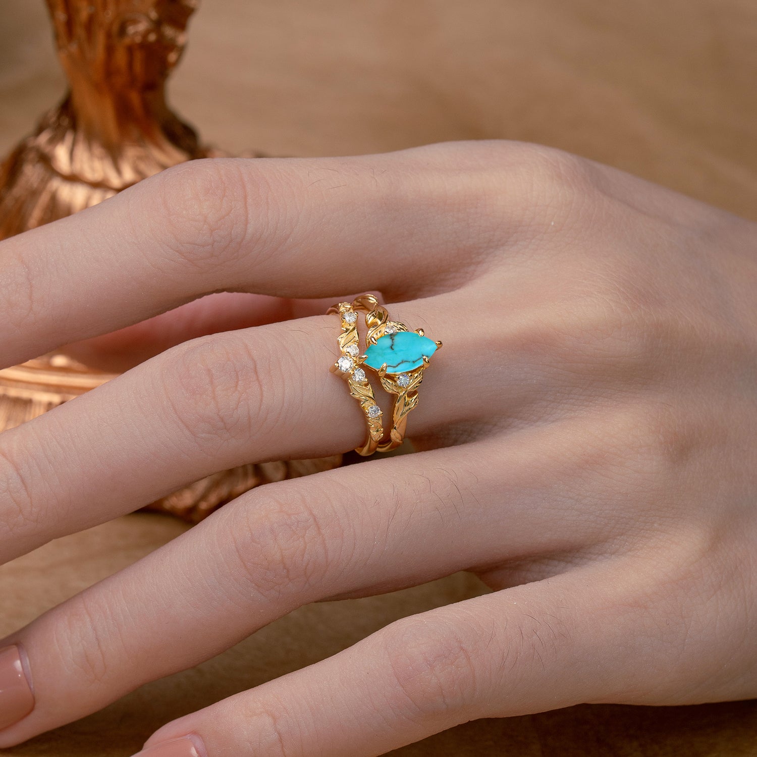 Nature-Inspired 6 Prong Marquise Turquoise Bridal Ring Set with Vine Motif