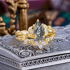 Nature-Inspired 6 Prong Marquise Black Rutilated Quartz Engagement Ring Set with Vine Motif