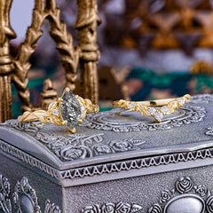 Nature-Inspired 6 Prong Marquise Black Rutilated Quartz Engagement Ring Set with Vine Motif