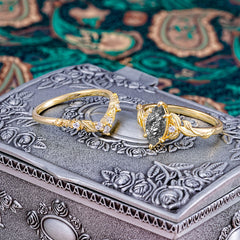 Nature-Inspired 6 Prong Marquise Black Rutilated Quartz Engagement Ring Set with Vine Motif