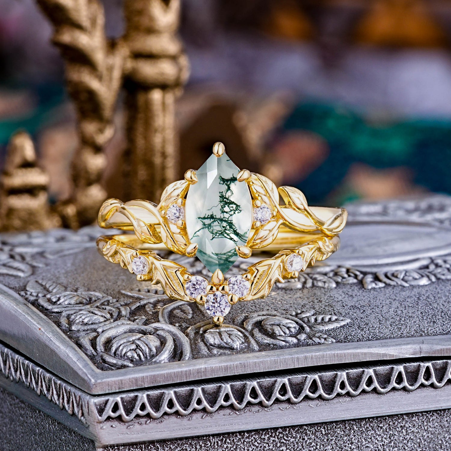 Nature-Inspired 6 Prong Marquise Natural Moss Agate Bridal Ring Set with Vine Motif