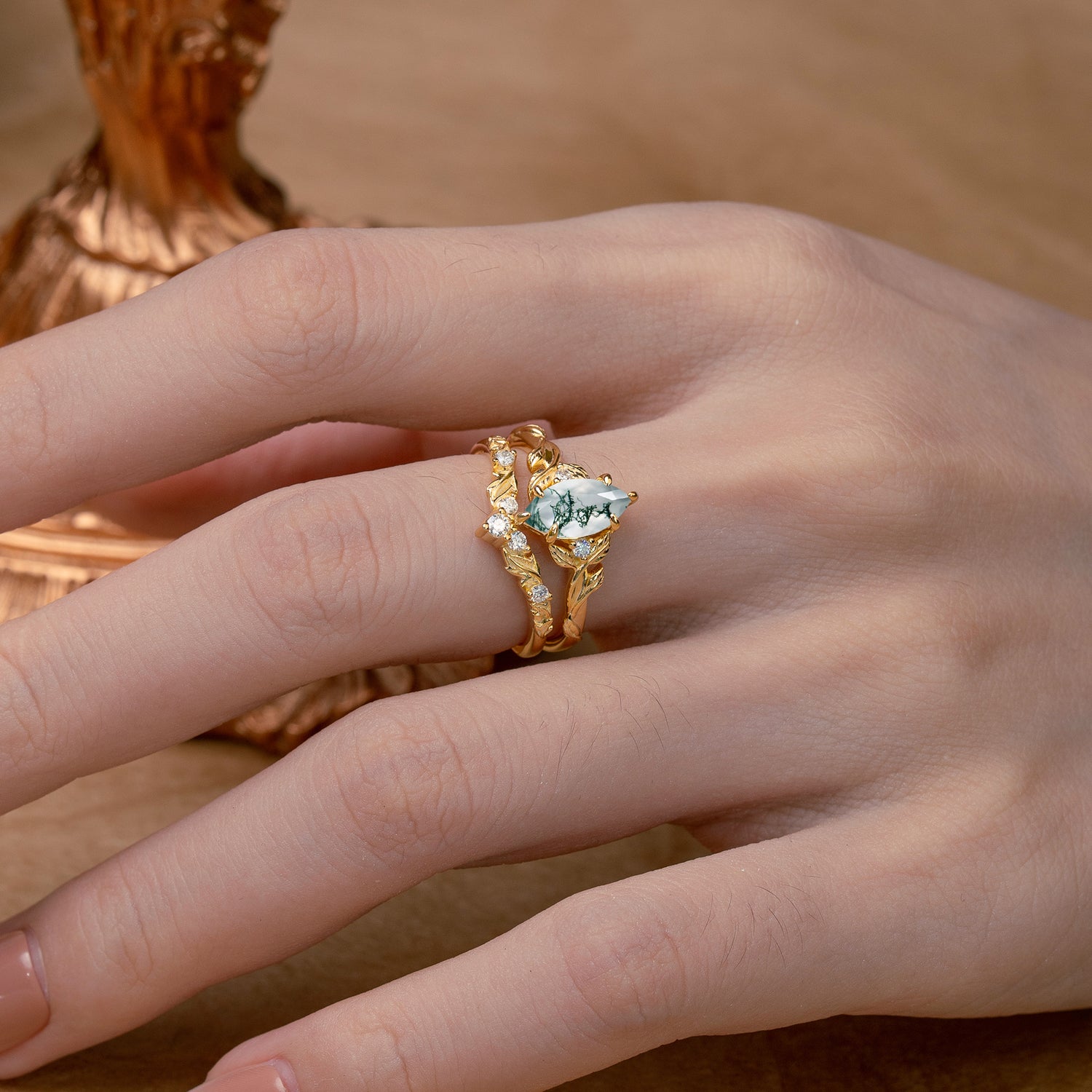 Nature-Inspired 6 Prong Marquise Natural Moss Agate Bridal Ring Set with Vine Motif