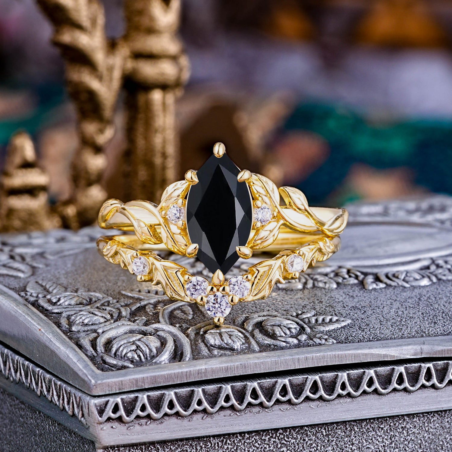 Nature-Inspired 6 Prong Marquise Black Onyx Bridal Ring Set with Vine Motif