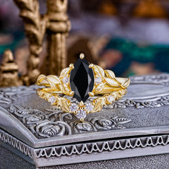 Nature-Inspired 6 Prong Marquise Black Onyx Engagement Ring Set with Vine Motif
