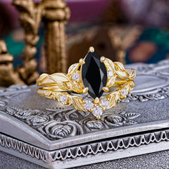 Nature-Inspired 6 Prong Marquise Black Onyx Engagement Ring Set with Vine Motif