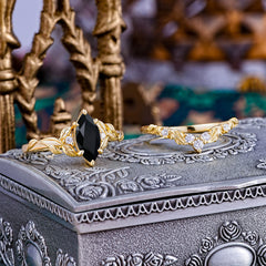 Nature-Inspired 6 Prong Marquise Black Onyx Engagement Ring Set with Vine Motif