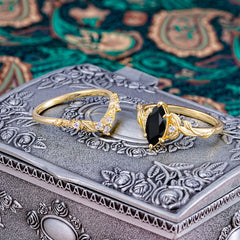 Nature-Inspired 6 Prong Marquise Black Onyx Engagement Ring Set with Vine Motif