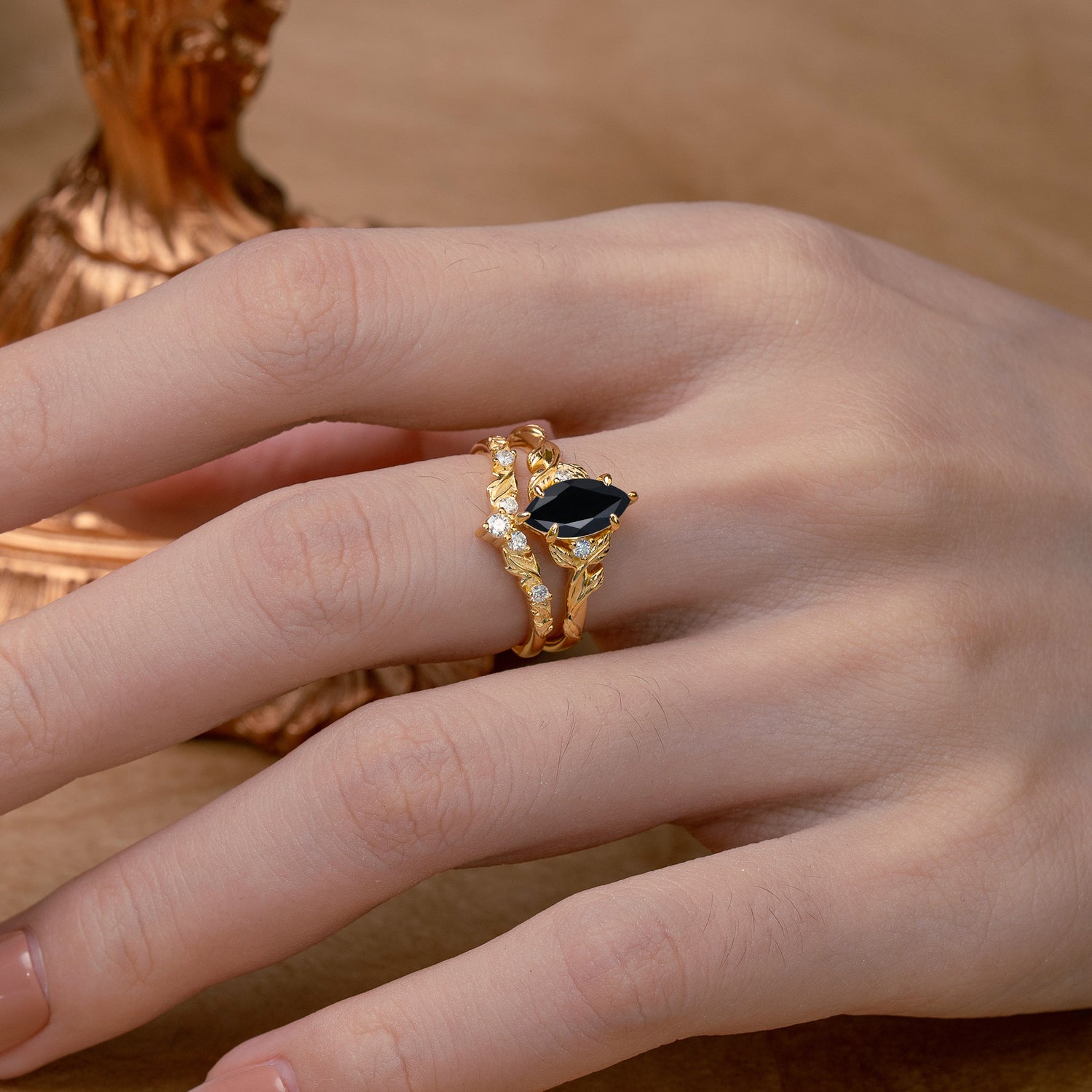 Nature-Inspired 6 Prong Marquise Black Onyx Bridal Ring Set with Vine Motif