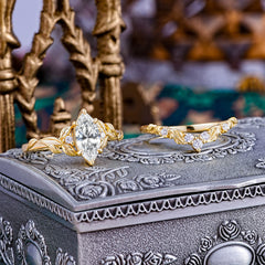 Nature-Inspired 6 Prong Marquise Lab Diamond Engagement Ring Set with Vine Motif