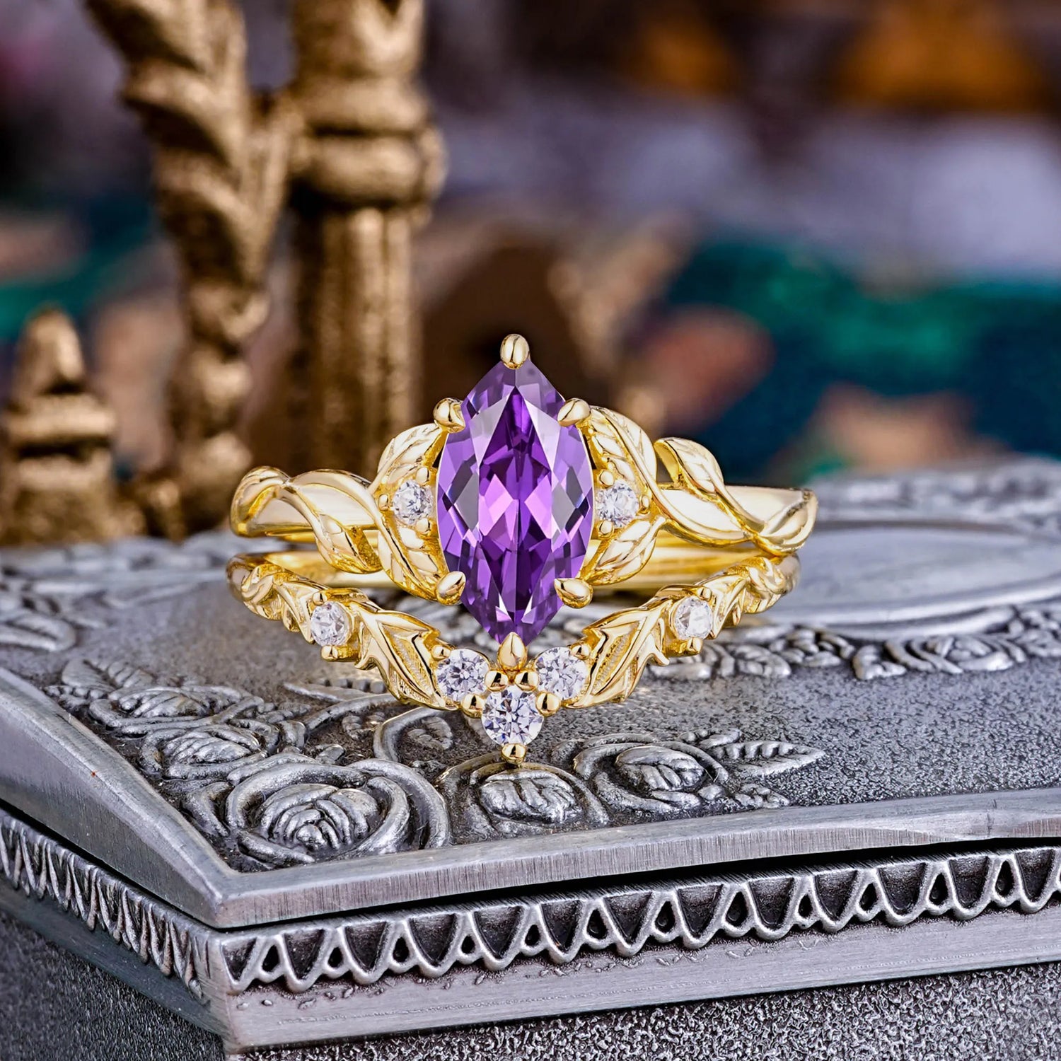 Nature-Inspired 6 Prong Marquise Natural Amethyst Bridal Ring Set with Vine Motif