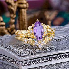 Nature-Inspired 6 Prong Marquise Natural Amethyst Engagement Ring Set with Vine Motif