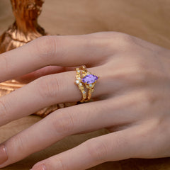 Nature-Inspired 6 Prong Marquise Natural Amethyst Engagement Ring Set with Vine Motif