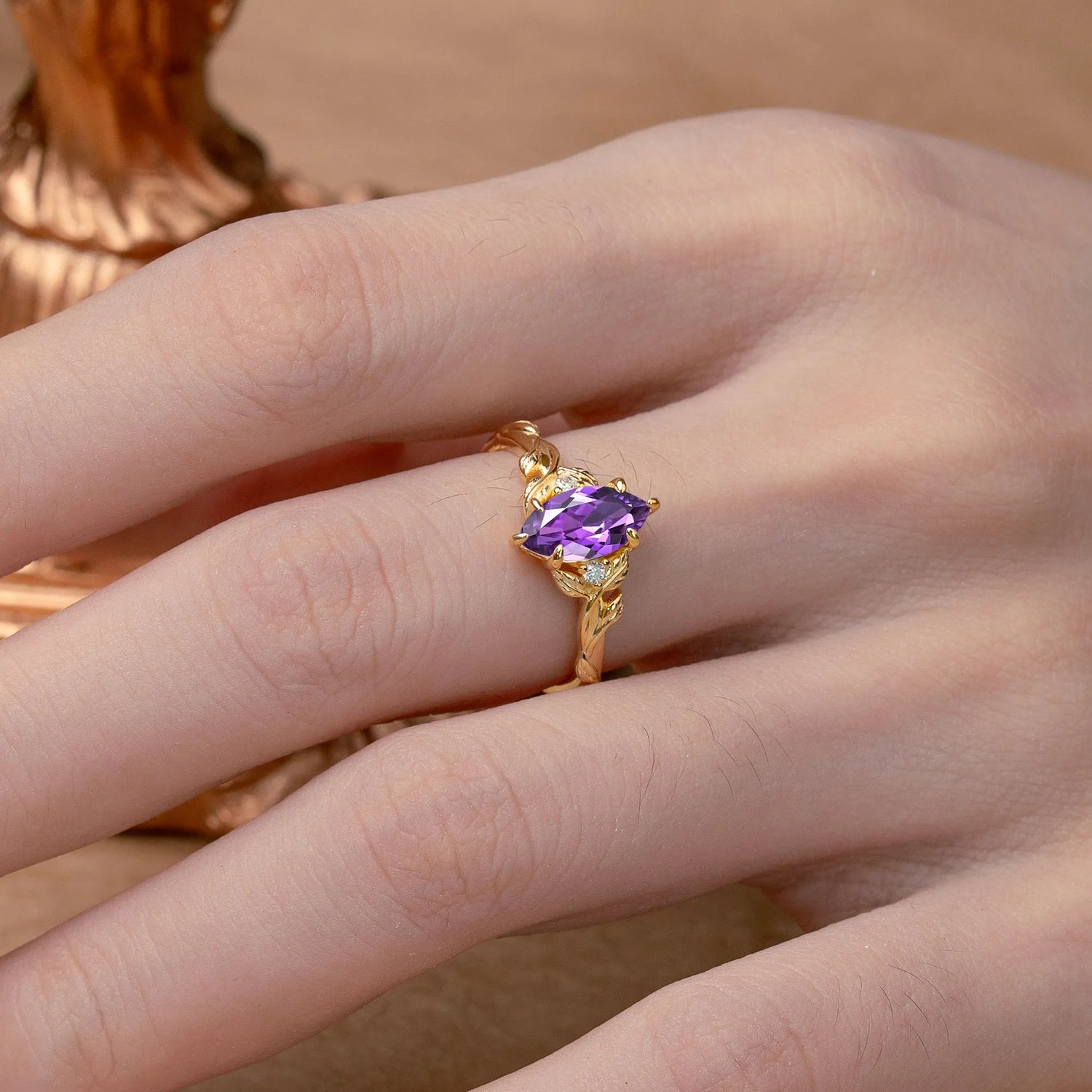 Nature-Inspired 6 Prong Marquise Natural Amethyst Bridal Ring Set with Vine Motif