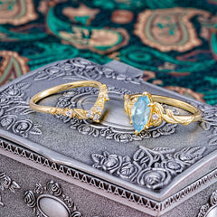 Nature-Inspired 6 Prong Marquise Aquamarine Engagement Ring Set with Vine Motif