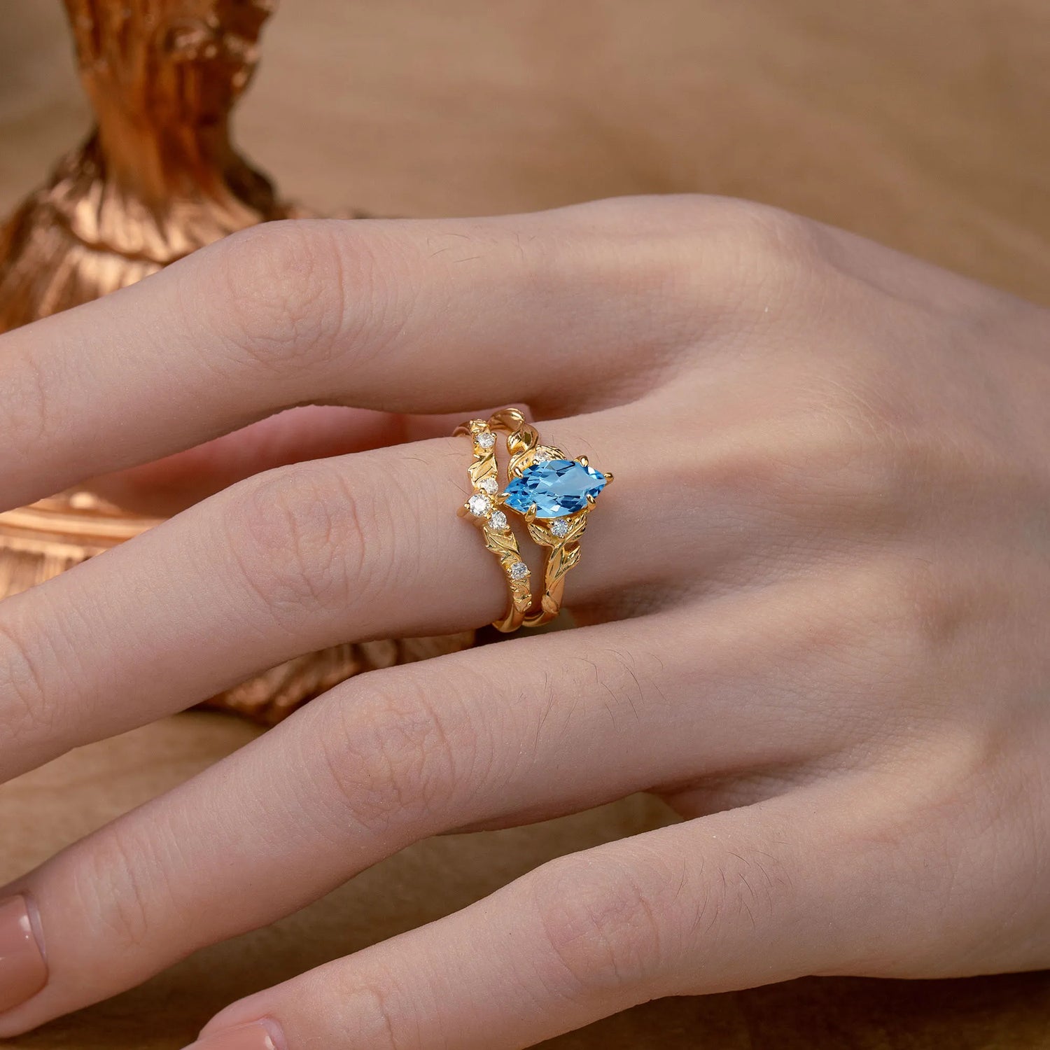 Nature-Inspired 6 Prong Marquise Aquamarine Bridal Ring Set with Vine Motif