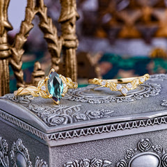 Nature-Inspired 6 Prong Marquise Alexandrite Engagement Ring Set with Vine Motif