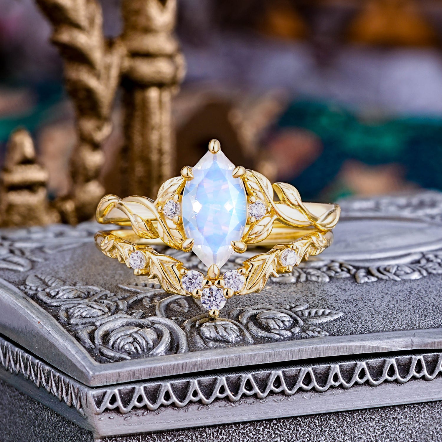 Nature-Inspired 6 Prong Marquise Moonstone Bridal Ring Set with Vine Motif