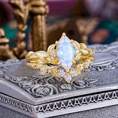 Nature-Inspired 6 Prong Marquise Moonstone Engagement Ring Set with Vine Motif