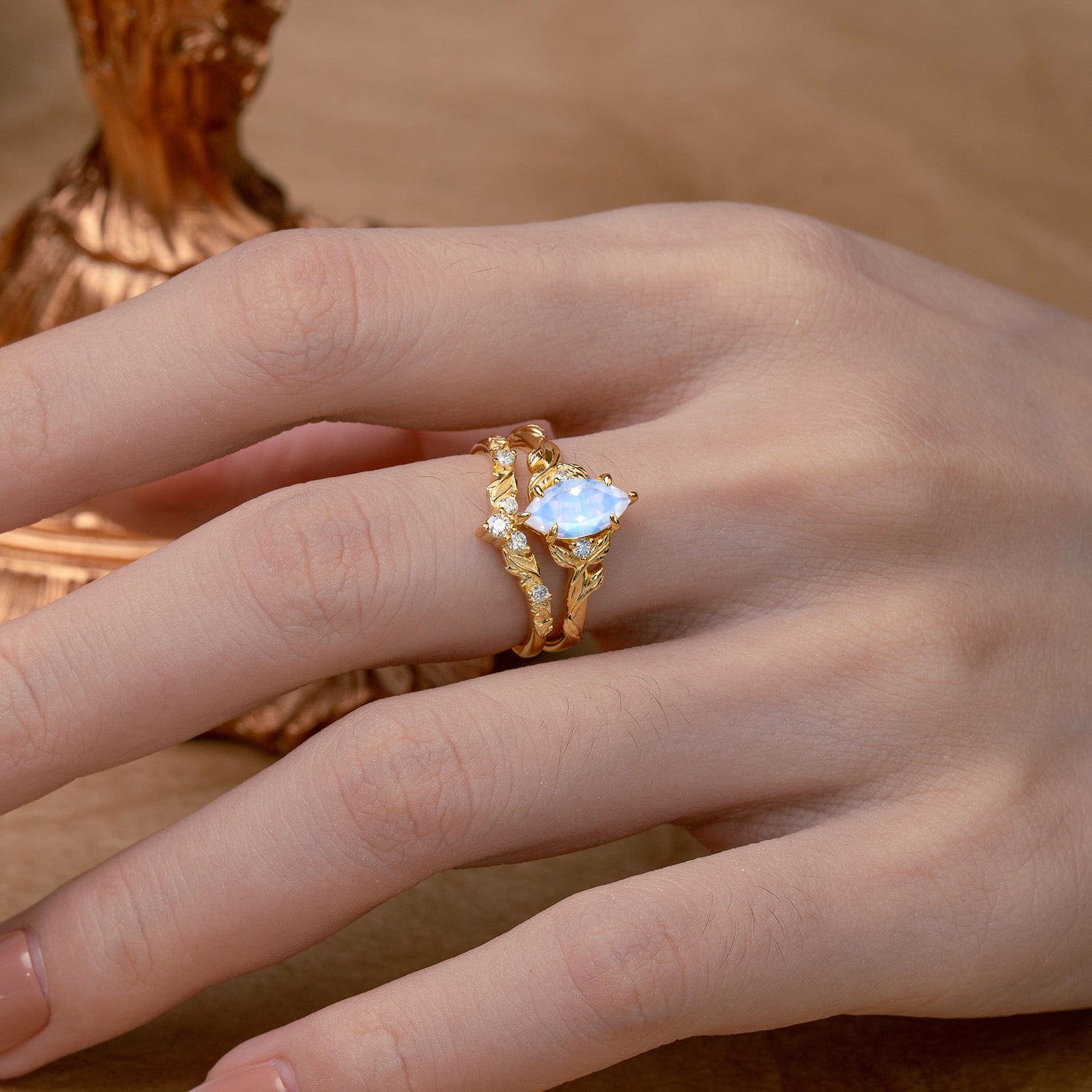 Nature-Inspired 6 Prong Marquise Moonstone Bridal Ring Set with Vine Motif