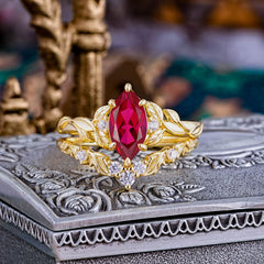 Nature-Inspired 6 Prong Marquise Ruby Engagement Ring Set with Vine Motif