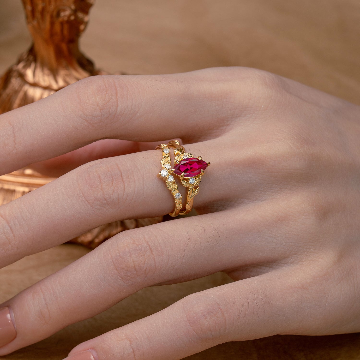Nature-Inspired 6 Prong Marquise Ruby Engagement Ring Set with Vine Motif