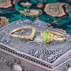 Nature-Inspired 6 Prong Marquise Peridot Engagement Ring Set with Vine Motif