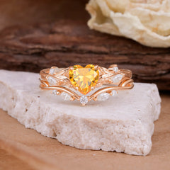 4-Prong Nature-Inspired Heart-Cut Citrine Engagement Ring Set