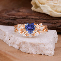 4-Prong Nature-Inspired Heart-Cut Tanzanite Engagement Ring Set