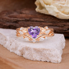 4-Prong Nature-Inspired Heart-Cut Natural Amethyst Engagement Ring Set