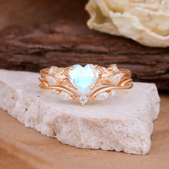 4-Prong Nature-Inspired Heart-Cut Moonstone Engagement Ring Set
