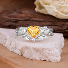 4-Prong Nature-Inspired Heart-Cut Citrine Engagement Ring Set
