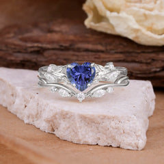 4-Prong Nature-Inspired Heart-Cut Tanzanite Engagement Ring Set