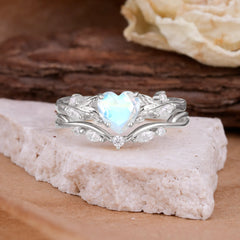 4-Prong Nature-Inspired Heart-Cut Moonstone Engagement Ring Set