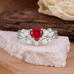 4-Prong Nature-Inspired Heart-Cut Ruby Engagement Ring Set