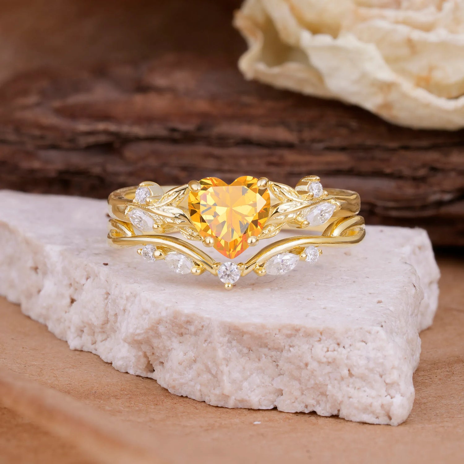 4-Prong Nature-Inspired Heart-Cut Citrine Bridal Ring Set