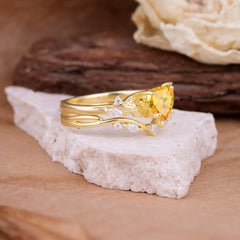 4-Prong Nature-Inspired Heart-Cut Citrine Engagement Ring Set