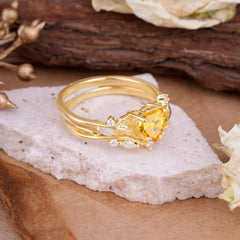 4-Prong Nature-Inspired Heart-Cut Citrine Engagement Ring Set