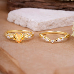 4-Prong Nature-Inspired Heart-Cut Citrine Engagement Ring Set