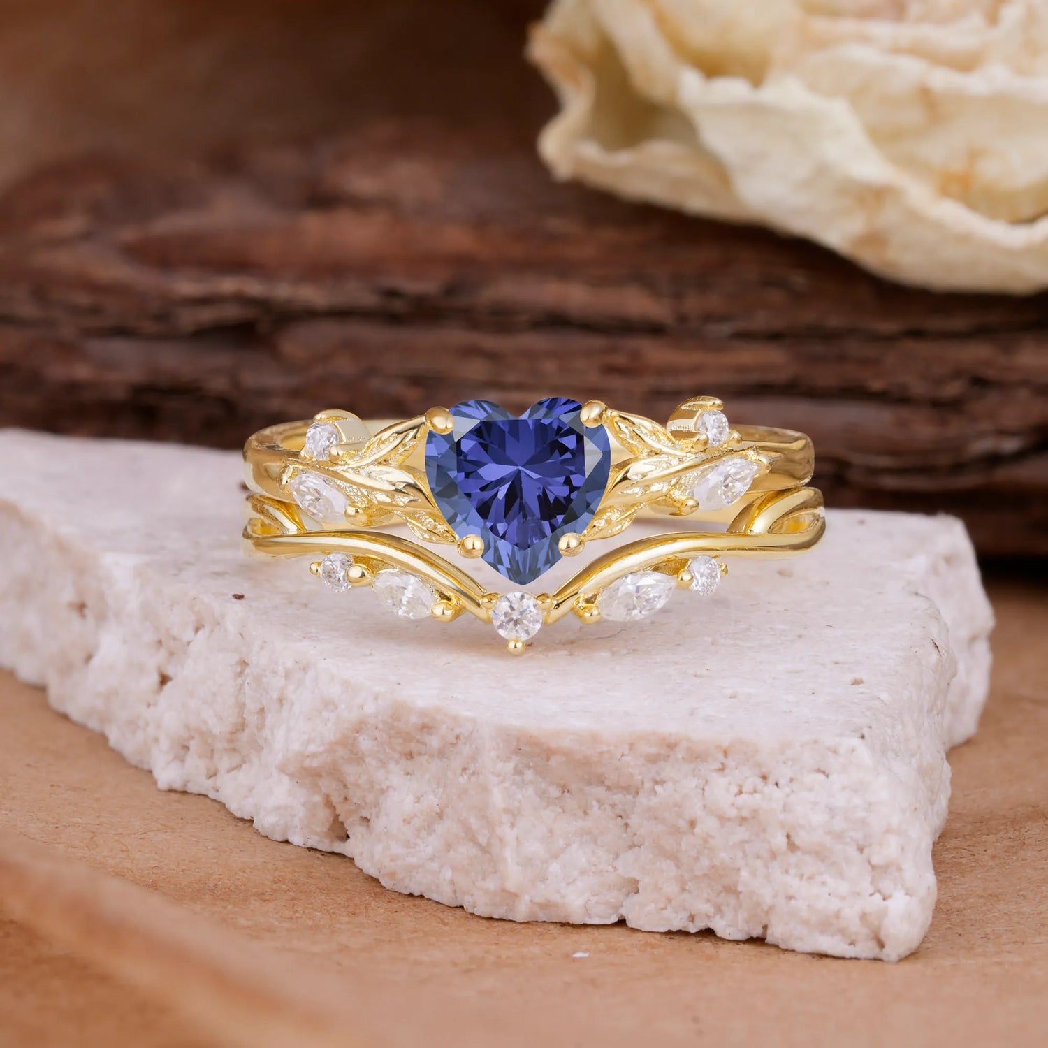 4-Prong Nature-Inspired Heart-Cut Tanzanite Bridal Ring Set